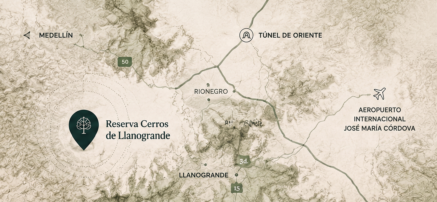 Mapa de conectividad y accesos - Reserva Cerros de Llanogrande
